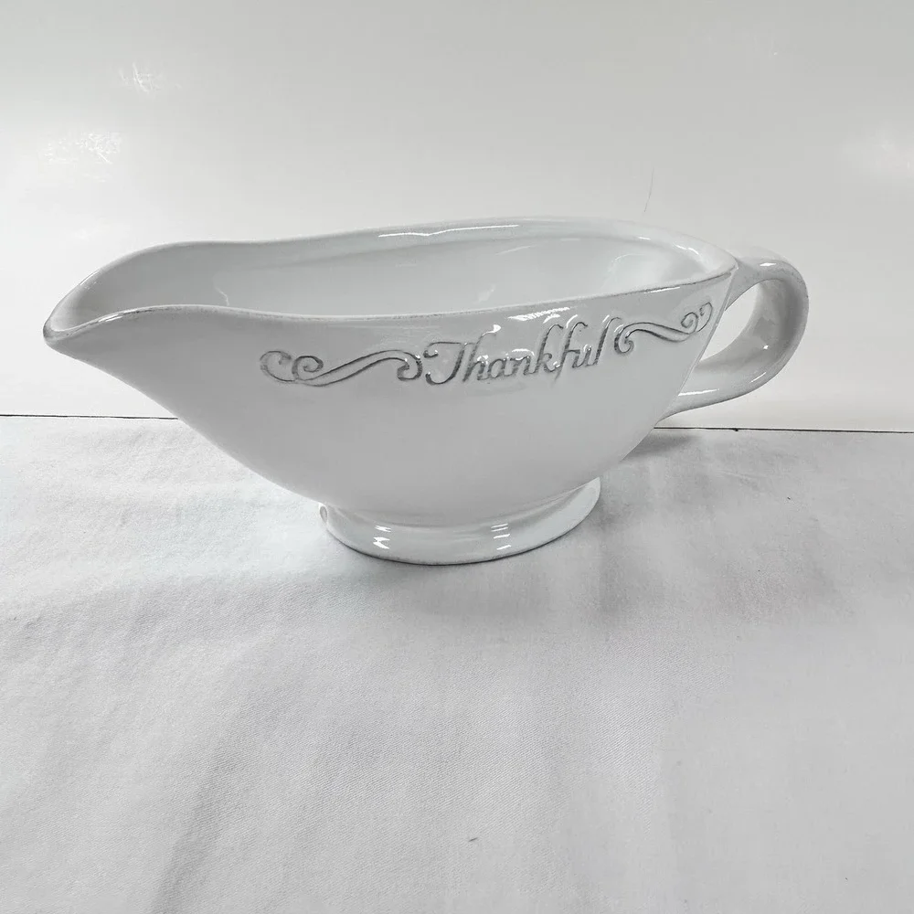 Devotions Collection THANKFUL Farmhouse Gravy Boat Stoneware Off White Embossed